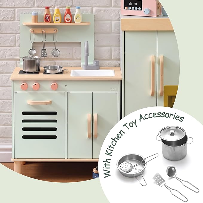 Play Kitchen for Kids, Wooden Toy Kitchen with Cookware Accessories, Chef Pretend Toddler Kitchen Playset, Best Gift for Girls & Boys Ages 3+