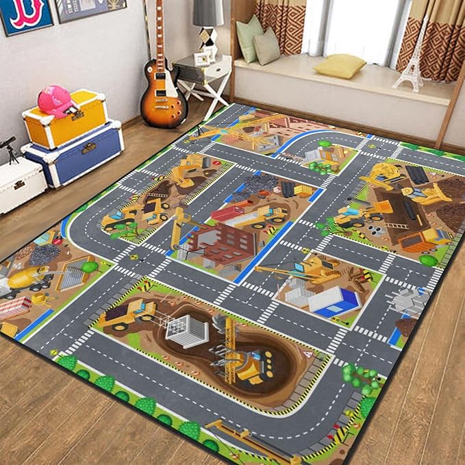 Kids Rug, Construction Site Playmat Rugs - 5x7 Ft Kids Carpet with Rubber Backing, Construction Vehicles Play Mat Nursery Rugs for Children Bedroom Playroom