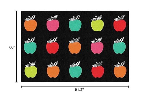 Flagship Carpets Schoolgirl Style Stylish Black & White Brights Apple Sit Spot Classroom Area Rug for Indoor Classroom Learning or Kid Bedroom Educational Play Mat, 5'x7'6", Multi