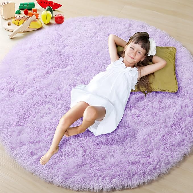 ONASAR Light Purple Round Area Rug 4ft, Soft Bedroom Circle Rugs Floor Mats for Kids Girls Teen Room, Cute Fluffy Plush Shaggy Carpet for Baby Nursery Living Room Playroom Dorm Home Decor