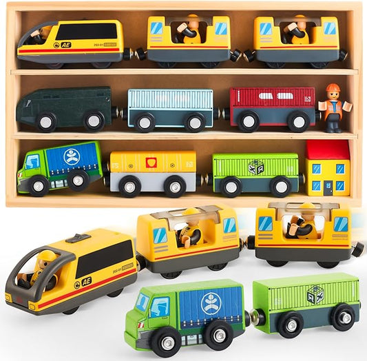 Electric Train Set Toys Wooden Magnetic Cars - Locomotive Auto Forward/Backward/Park, Gift for 3 4 5 6 Year Old Toddlers Kids Boys Truck Trains Toy, Compatible with Common Wooden Train Tracks