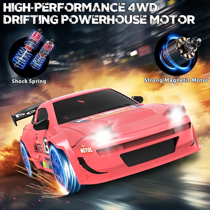 RC Drift Car, 1/24 Remote Control Car, 2.4Ghz 17KM/H High Speed RC Cars with LED Lights, Extra Tires, 2 Rechargeable Batteries, 4WD Racing Car Toys Christmas Birthday Gift for Kids Boys Girls Adults