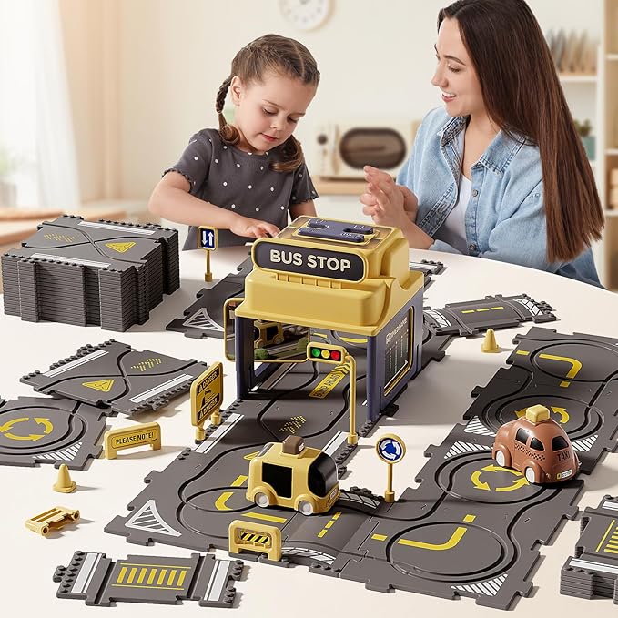 Large Puzzle Race Car Track Set for Toddlers Kids, Puzzle Tracks Car Play Set, Race Tracks Toys for Toddler Boys 3 4 5 6 Year Old Car Track Toys Birthday Gifts for Boys Age 3-5 4-6