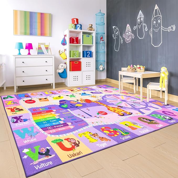 Chicrug Educational Kid Area Rug for Playroom, 5x7 Feet TPR Non Slip Kids Classroom Carpet Rug for Learning ABC Animal, Shape Color Fruit, Washable Play Mat Rug for Children Nursery Toddler Room Decor