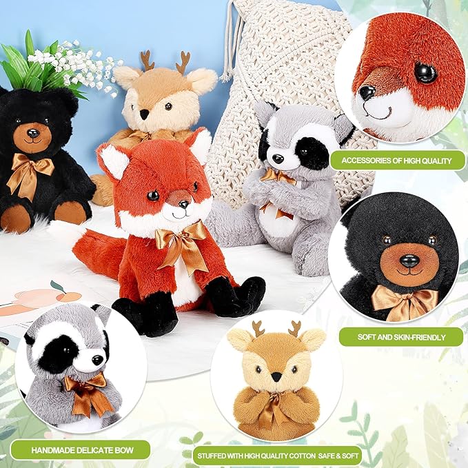 Woodland Stuffed Animal Jungle Animal Toy Set Including Plush Elk Fox Raccoon Black Bear Realistic Toy Woodland Forest Animals Mini Plush Wild Animals Toys