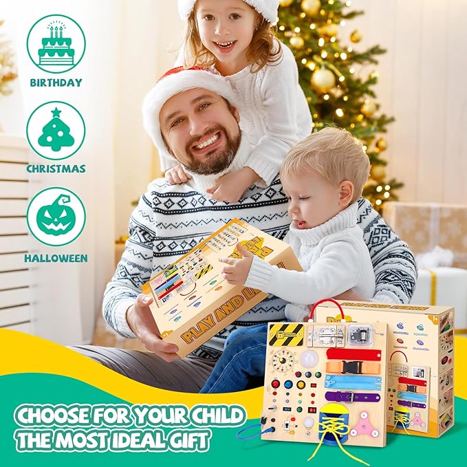 Busy Board,Montessori Toys for 1-3 Years Old, Wooden Toddler Toys, Autism Sensory Travel Toys, Ideal Gift for 1+ Year Old Boys (Busy Board Plus v3)