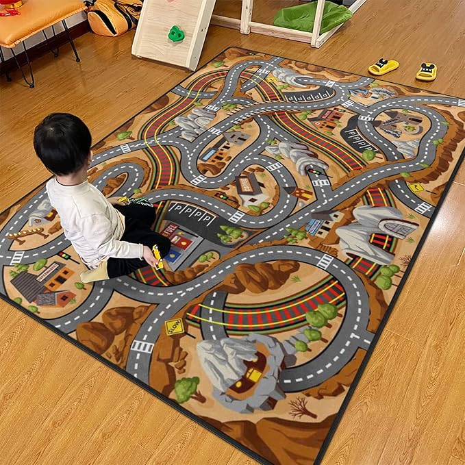 Kids Rug, Mountain Road Playmat Rugs - 5x7 Ft Kids Carpet with Rubber Backing, Cartoon Off-Road Mountain Highway Road Play Mat Nursery Rugs for Children Bedroom Playroom