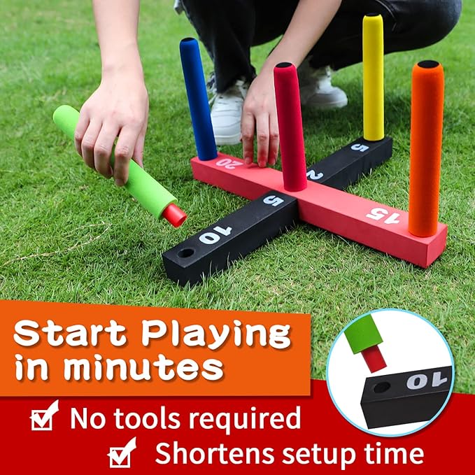 Ring Toss Game for Kids, Indoor & Outdoor Game for Family and Adults with 5 Poles, 2 Bases and 16 Rings in 4 Colors, Soft Foam Toy for Kids Backyard Ring Toss Fun