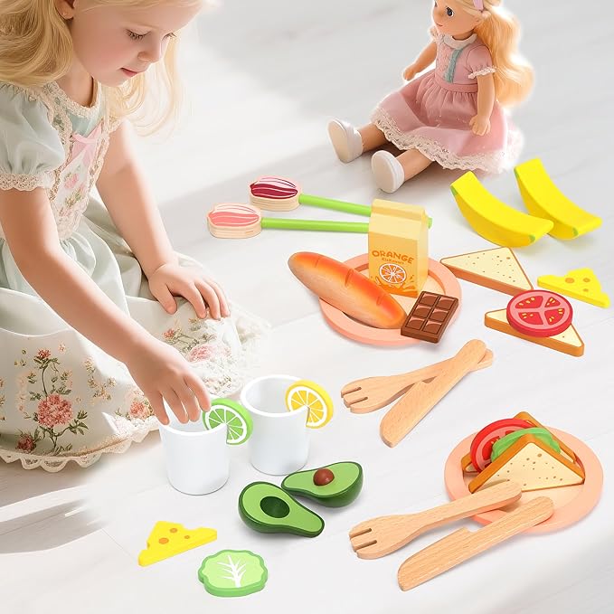 Wooden Toy Picnic Playset, 31 Pcs Wooden Play Food Sets for Kids Pretend Play Cutting Food Toys Toddlers Play Kitchen Accessories Gift for Girls Boys Age 3+