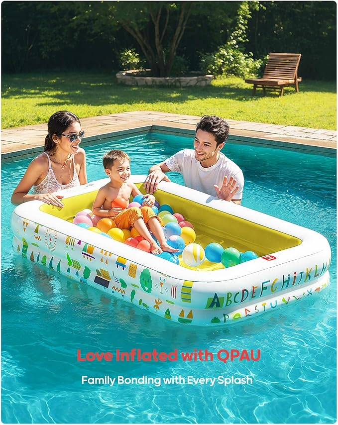 QPAU Kiddie Pool – 65" x 39" Inflatable Pool for Kids & Toddlers, Ball Pit & Baby Pool with Soft Floor, Educational Alphabet & Number, Durable Outdoor Play Toys for Backyard & Indoor Fun (Yellow)