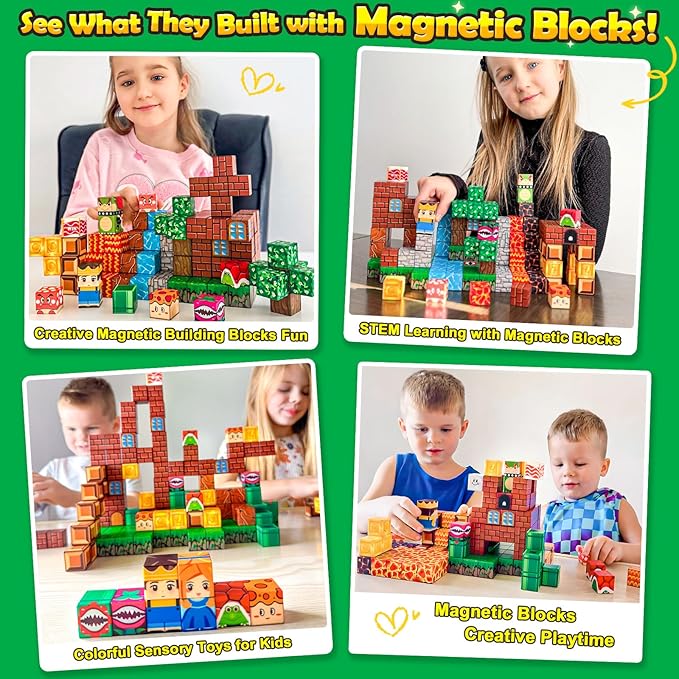 100PCS Magnetic Blocks Magnetic Building Blocks Sensory Toys for Kids Ages 3-5 6-8 8-12 Kids Game Toys for 3+ Year Old Boys & Girls, 3 4 5 6 7 8 9 10 Year Old Boy Birthday Gifts