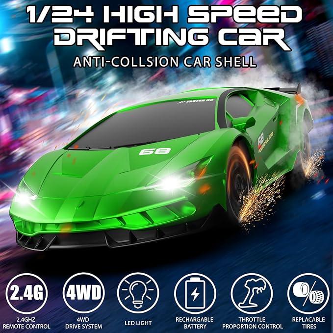Remote Control Car, 1/24 Scale RC Drift Car, 4WD 15KM/H High Speed RC Cars, Racing Sport Toy Car with LED Lights, Racing Tire, Birthday for Kids Boys Girls, Rechargeable Battery