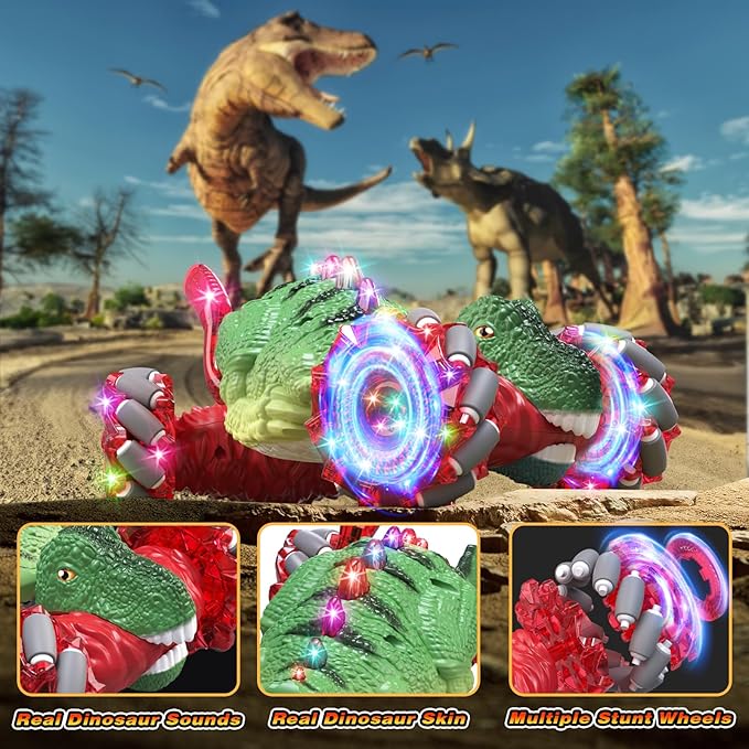 Remote Control Car，Dinosaur Toys car for Kids，2.4GHz LED Gesture Sensing RC Car，4WD Rotation RC Stunt Car with Lights and Music，Dino Toys for Kids Ages 3 4 5 6 7 Gifts for Boys Girls(Red)