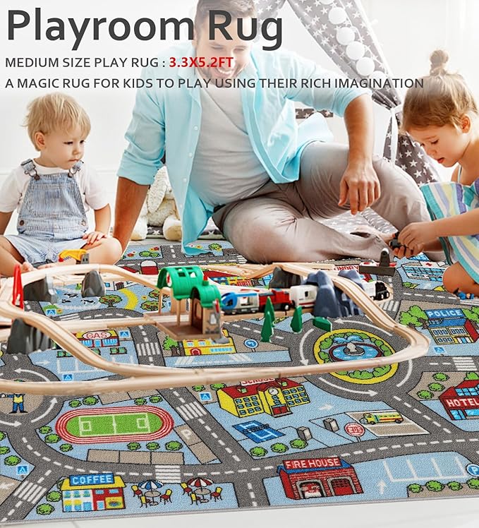 Kids Rug 3'3" x 5'2" City Life Playmat Area Rug Car City Map Washable Traffic Road Educational Learning Nursery Rug Carpet for Children Playroom Living Room Bedroom Classroom Decor Blue