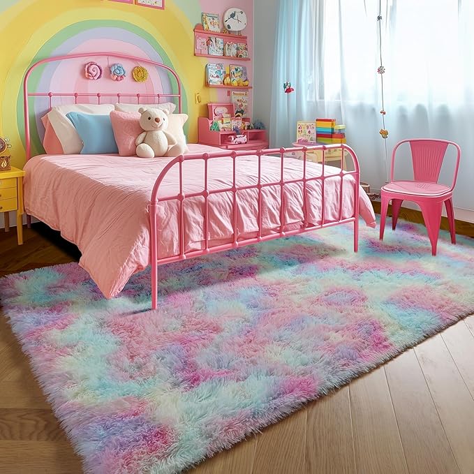 Amdrebio Rainbow Unicorn Colorful Kids Rugs for Girls Bedroom, 8x10 Fluffy Shag Area Rugs for Playroom Classroom, Large Pastel Room Decor Aesthetic, Cute Fuzzy Kawaii Princess Carpet for Baby Toddler