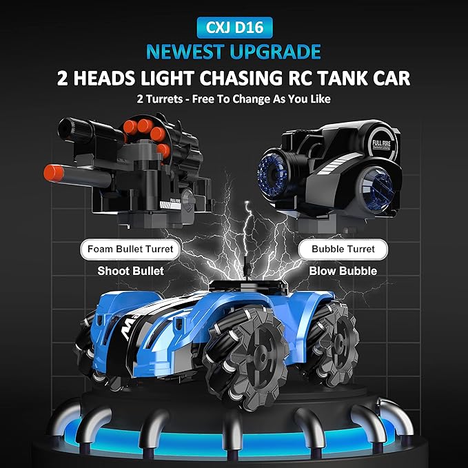 RC Tank Car,Rc Car That Shoot,2 Heads That Shoot Nerf Bullet (Foam Dart), Make Bubble, Remote Control Tank for Adult, 4WD Battle Stunt Car with 360°Rotating, LEDs, Music, Toy Gift for Boys 6+