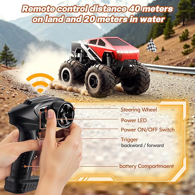 Remote Control Car Off-Road Pick-up Truck - 4WD Amphibious RC Truck Toy RC Cars for All Terrain, 1:16 Scale Hobby Monster Trucks Toys 2.4GHz Vehicles Kids Gifts for Boys/Girls Age 6 7 8 9 10-12+,Red