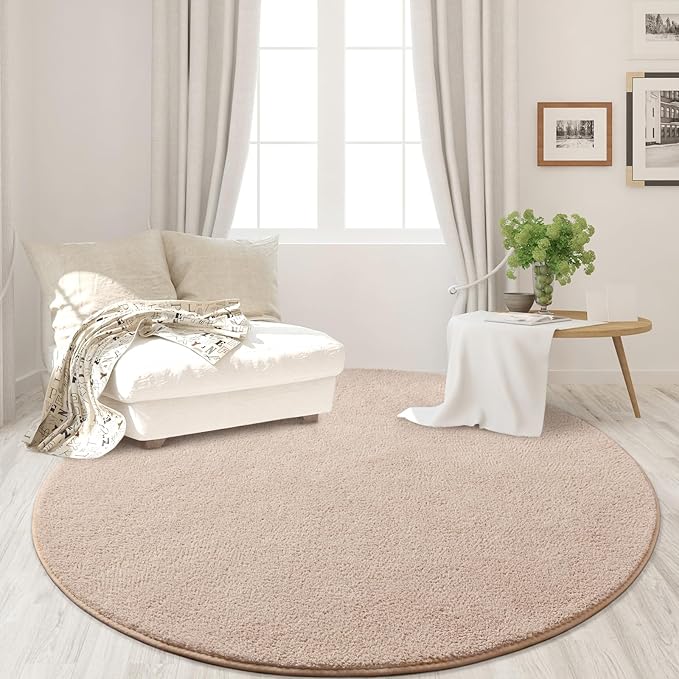 FlyDOIT Round Area Rugs for Bedroom Living Room, 4x4 Ivory Super Soft Comfy Thickened Memory-Foam Indoor Circle Carpets, Modern Aesthetic Minimalist Carpet for Boys Girls Adults Nursery Home Décor