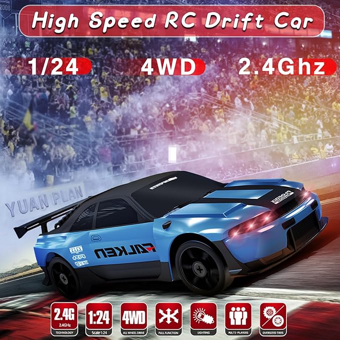 RC Drift Car 1/24 2.4GHz 4WD Remote Control Car RC Cars Toy Car for Boys Girls Birthday, Mini Drift RC Car with Light Rechargeable Battery and Drift Tires Xmas Toys for Kids Blue