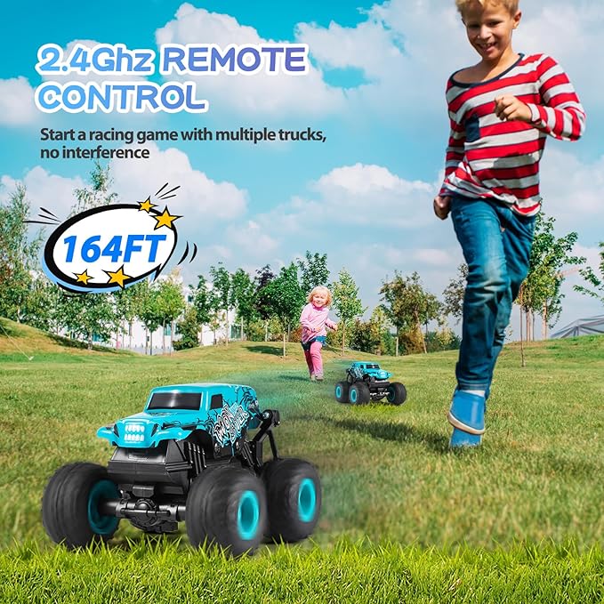 Remote Control Car, 2.4Ghz All Terrain Monster Truck Toys, RC Truck with Music, 3 Lighting Effects, 360 Stunt Capable, All Included Ready to Run, Toy Gifts for Boys and Girls (Blue)