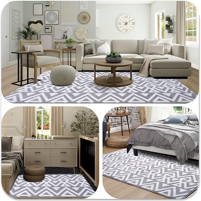 Ompaa Ultra Soft Shaggy Rugs Memory Foam Bedroom Carpet, Grey 5 x 8 Feet, Plush Geometric Textured Area Rugs for Living Room Couch Dorm Bedside Kids Girls Teens Room Nursery Decor Floor Mat