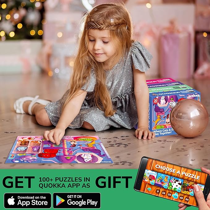 QUOKKA Puzzles for Toddlers 4-6 - 4 x 30 Pieces Puzzles for Kids Ages 3-4 - Dinosaur & Animals Learning Jigsaw Puzzles for Kids 3-5 Years Old - Educational Toys for Boy and Girl