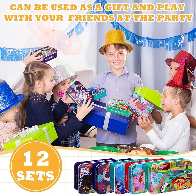 12 Boxes Party Favors Jigsaw Puzzles in a Metal Box for Age of 4-8, Wooden Puzzle for Ages 4-8 Boys and Girls Learning Educational Jigsaw Pieces Toys, 12 Styles(Novel)