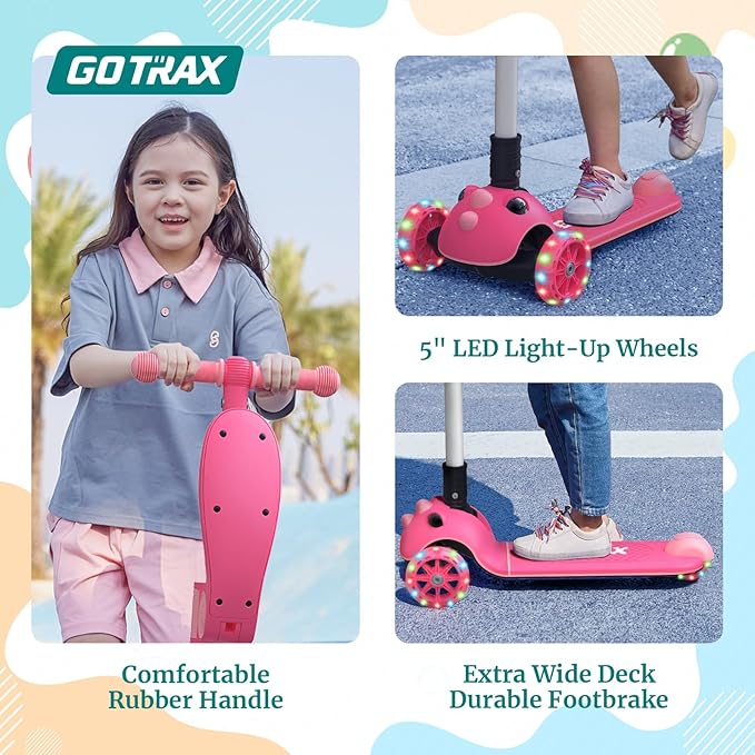 Gotrax KS3 Pro Folding Kick Scooter for Kids, One Key Removable Seat & 3 Extra Wide PU Light-Up Wheels and Anti-Slip Deck, Adjustable Height Handlebar and Lean-to-Steer Scooter for Children Aged 2-8