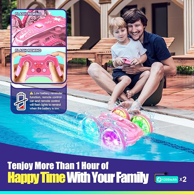 Amphibious Remote Control Car Boat, Waterproof Pool Toys for Kids Ages 6 7 8 9 10 11 12, 2.4 GHz Gesture Sensing RC Vehicle, 4WD Stunt Car with LED Lights, Gifts for Boys and Girls