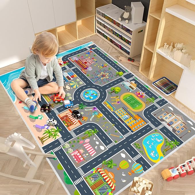 Kids Carpet Playmat Car Rug, Car Rug for Kids Toy Cars and Train, Non Slip Play Mat for Playroom Kids Room, City Life Educational Road Traffic Carpet for Classroom Nursery(Grey,79×118in)