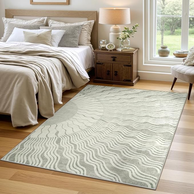 Boho Washable Rugs 5x7, Sun Print Soft Grey Rug for Bedroom Nursery Non Slip, Stain Resistant Living Room Carpet for Dining Room Classroom(5'x 7',Grey/Multi)
