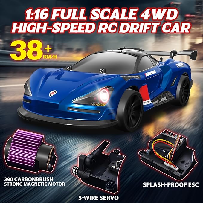 RC Drift Car Full Proportional RTR Remote Control1/16 Scale 38KM/H Fast 4WD RC Car 2.4Ghz with 6 Modes of Light 2Pcs Rechargeable Batteries Racing for Boys and Adults Gift