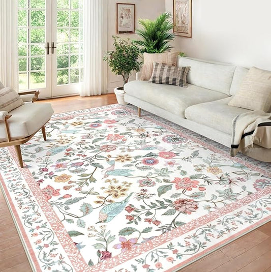 Floral Washable 8x10 Area Rug for Living Room, Soft Pink Large Girls Bedroom Non-Slip Low Pile Flower Birds Dining Room, Botanical Floor Carpet for Kids Classroom Office