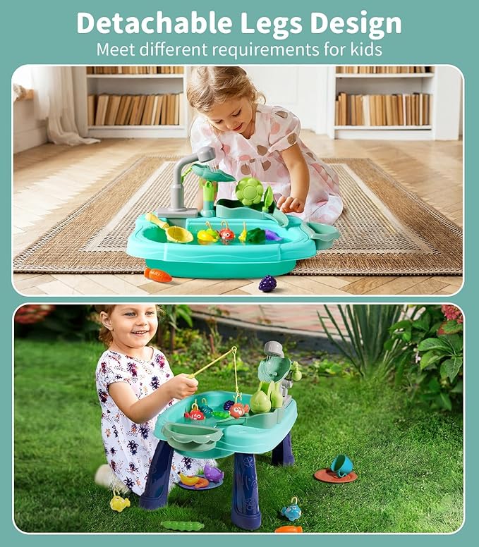 Geyiie Play Sink with Running Water, 14.5''L x 9.4''W x 11.6''H Mini Kitchen Sink Toys for Toddlers, Includes Electric Faucet, Play Food, Fishing Game and Waterwheel - Sensory Toys for Girls and Boys