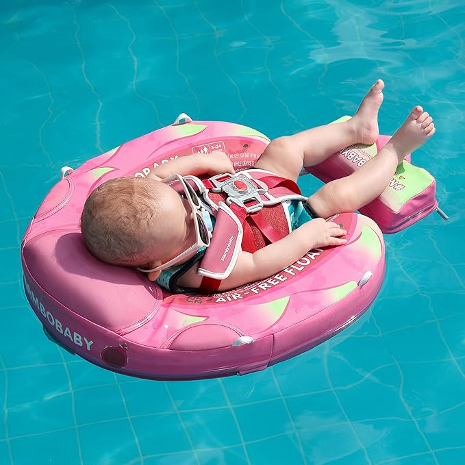 Mambobaby Float Add Tail Baby Swim Float with Canopy Solid Pool Infant Swim Trainer Swimming Training Lying Air Free Water Floats Non-Inflatable Waist Swim Ring for Toddlers (Dragon Fruit)