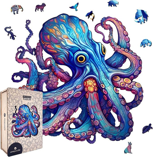 Wooden Puzzles for Adults, Octopus Wooden Jigsaw Puzzle, Unique Animal Shaped Puzzles, Premium Box Wood Cut Ocean Puzzles, Best Family Ideas (M-8.7 * 8.1in-140pcs)