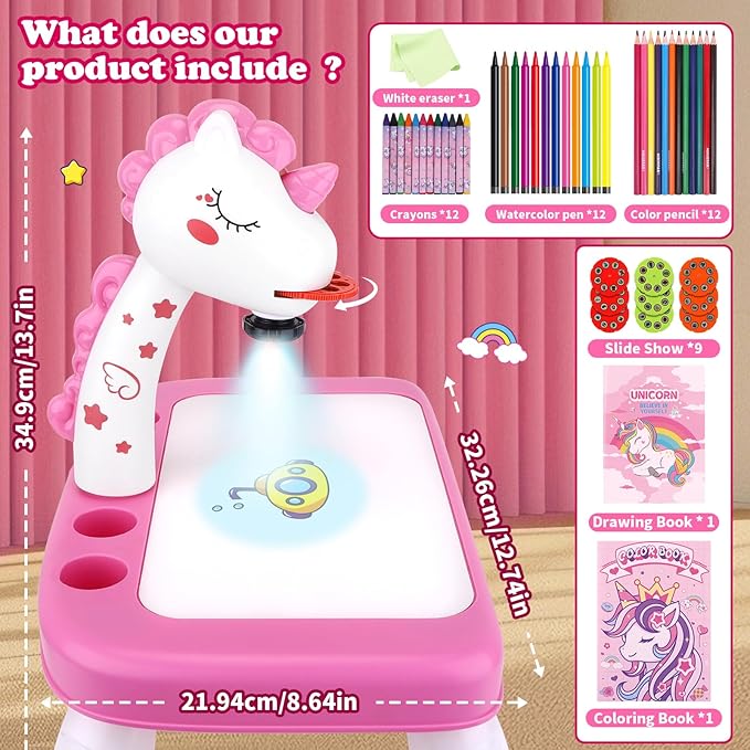 Drawing Projector for Kids, Art and Crafts, Drawing Board with Music, Color Pens, Pencils, Crayons, Scrapbook, Unicorn Sticker Book, Ideal Toy for 3+ Year Old Girls & Boys (Unicorn Kit)