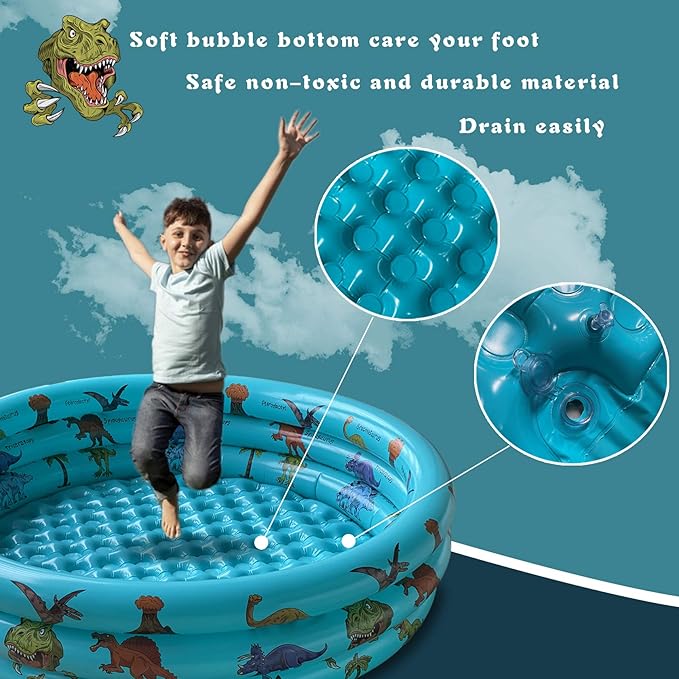 Dinosaur Inflatable Baby Pool - Small Toddler Blow Up 3 Rings Round Pad Pool, Outdoor/Indoor Play Center with Ball Pit & Toys - 48'x12'