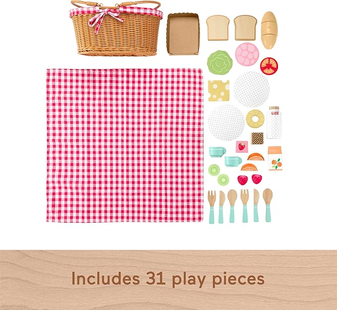Fisher-Price Wood Pretend Play Toy Picnic Basket, 31-Piece Wooden Food Playset for Preschool Kids Ages 3+ Years