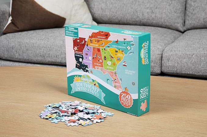 Geotoys Southeast Region Jigsaw Puzzle - 250 Piece Puzzle for Kids - Jigsaw Puzzles for Kids Ages 8-12 Years Old - Geography Puzzles with Colorful Landmarks, United States Flag and More