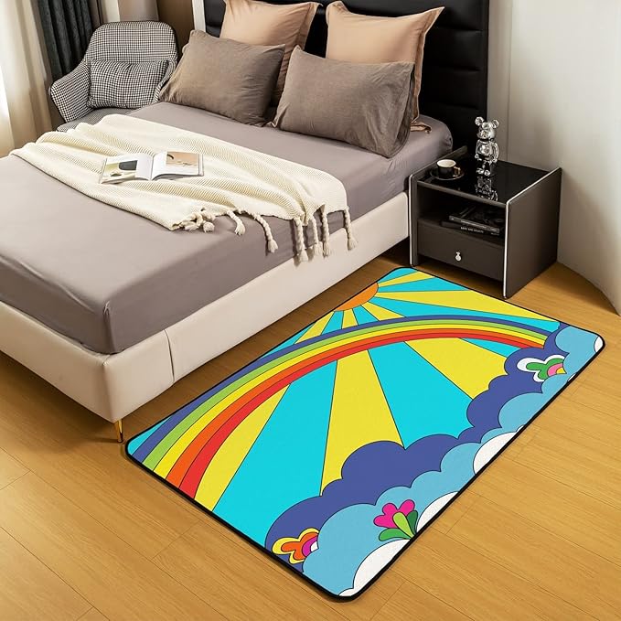 Erosebridal Boho Sun Area Rug 3x5 Bohemian Rainbow Rug for Girls,60S 70S Trippy Carpet Hand Drawn Nature Hippie Floral Clouds Colorful Non Slip Decorative Rug for Living Room