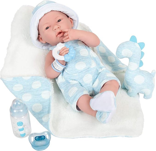 JC Toys La Newborn All-Vinyl-Anatomically Correct Real Boy 15" Baby Doll in Blue and Deluxe Accessories, Designed by Berenguer., Blue - Dots, Model:18064