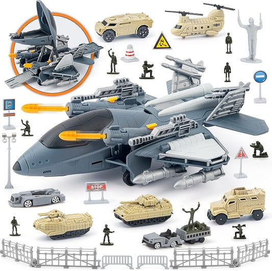 Military Fighter Jet Toys, Army Airplane Toys with 7 Vehicles Trucks Helicopter Army Men, Decorate & Launch The Missile, Birthday for Boys Girls