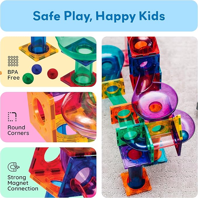 PicassoTiles Marble Run 100 Piece Magnetic Tile Race Track Toy Play Set STEM Building & Learning Educational Magnet Construction Child Brain Development Kit Boys Girls Age 3 4 5 6 7 8+ Years Old Toys
