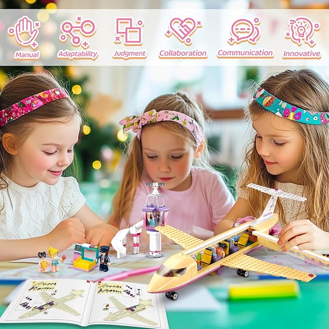 Sluban Airplane Building Set for Girls 6+ 8+ 12+, Airport Plane Kit Compatible with Lego Friends, Control Tower, Security Check Machine, and 5 Minifigures, Thanksgiving Boys Kids 6-12