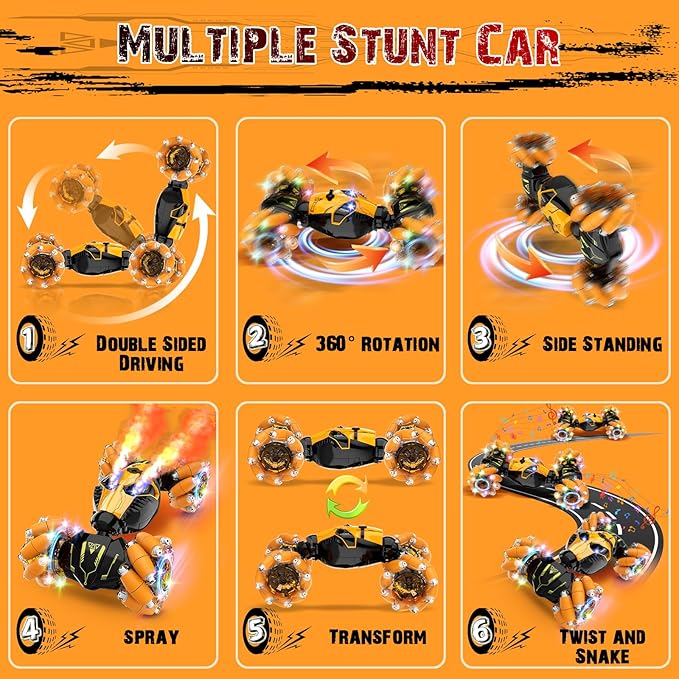 Remote Control Stunt Car Toys: Christmas Birthday Gifts for Boys Toys Ages 6-12 - 2.4Ghz Gesture Sensing Remote Control Cars with Light and Music Spray - 8WD Drift 360° Rotating RC Car for 7-14