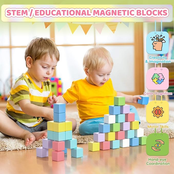 64PCS Magnetic Blocks Set, Magnet Building Blocks with Toy Figurine and Storage Bag for Kids Gifts, STEM Educational Preschool Sensory Toys for Toddlers Boys Girls Ages 3 4 5 6 7 8 +(Macaron Color)