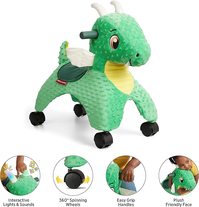 Radio Flyer Jade The Magical Dragon with Interactive Lights and Sounds, Ride On Toy for Toddlers Ages 1-3, Green Dragon Toy for Kids