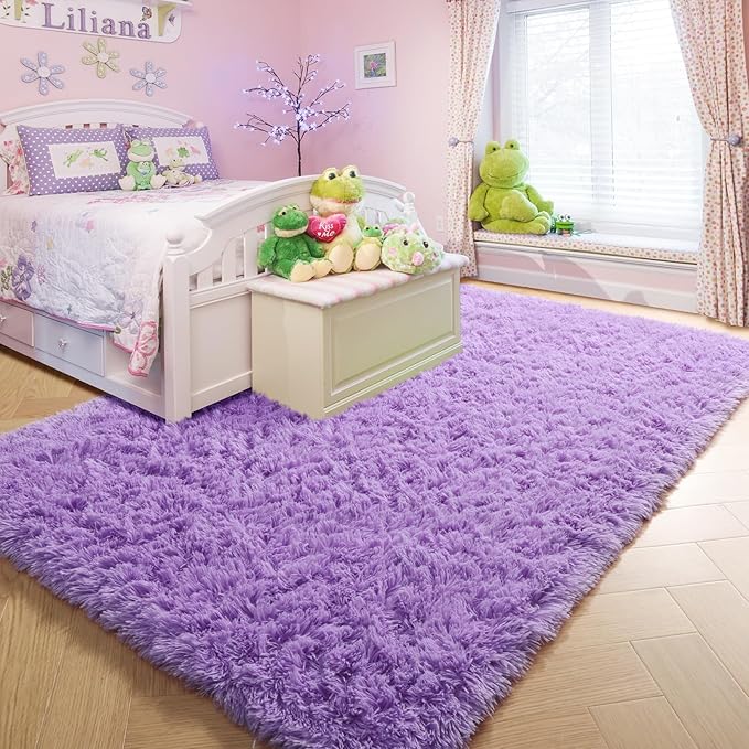 Purple Area Rugs for Girls Bedroom,5x8 Rug,Fluffy Shag Rug for Living Room,Thick Furry Rugs for Kids Room,Shaggy Throw Rug for Nursery,Playroom,Kawaii Fuzzy Plush Carpet,Cute Room Decor for Baby