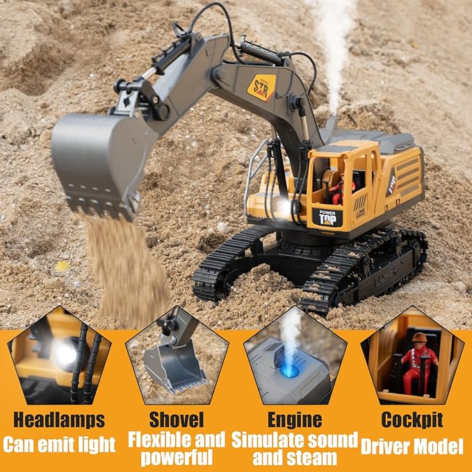 Remote Control Excavator Toys for Boys,14 Channel RC Digger Construction Toys Tractor,Simulated Smoke, Sound, Lighting, Metal Digging Head, for Boys 6 7 8 9 10 11 12